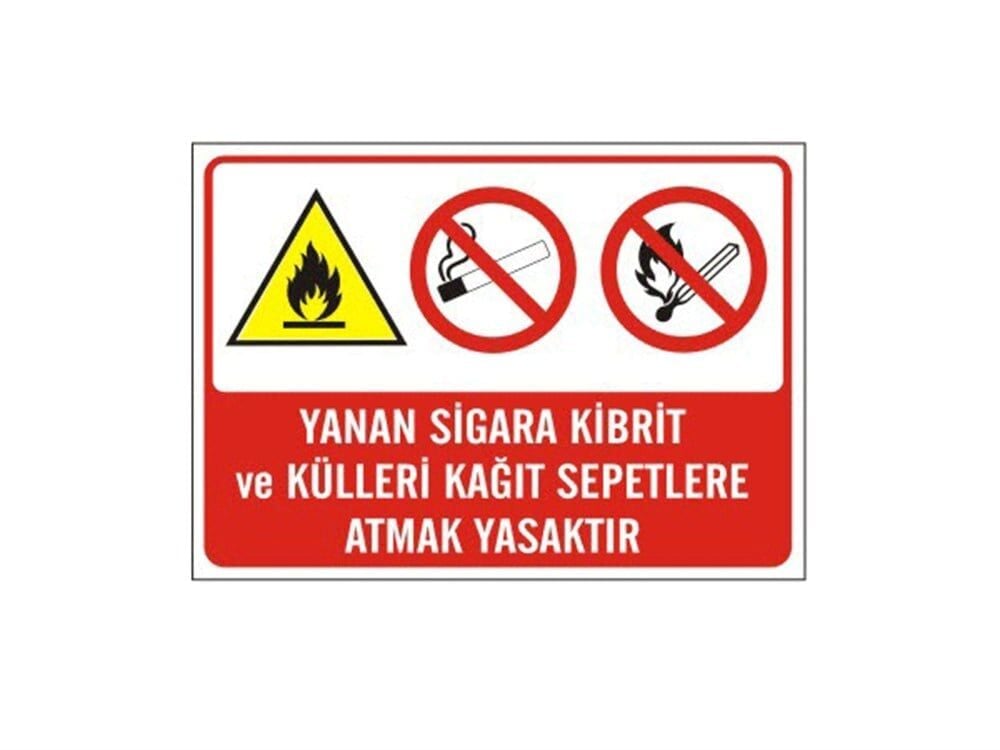 Yanan Sigara Kibrit ve Külleri Kağıt Sepetlere Atmak Yasaktır Levhası